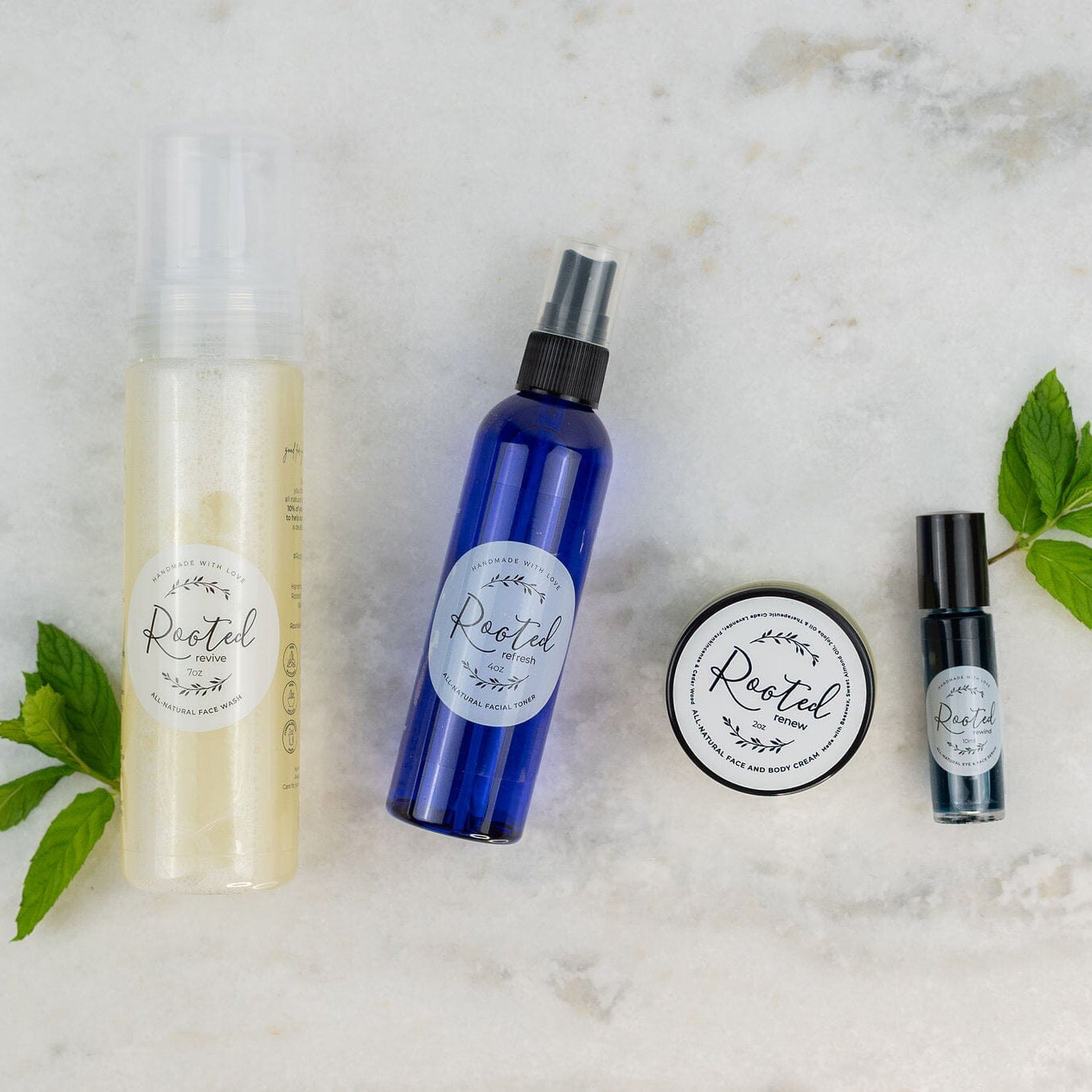 Basic Skincare Bundle contents laid flat showing all 4 all-natural products