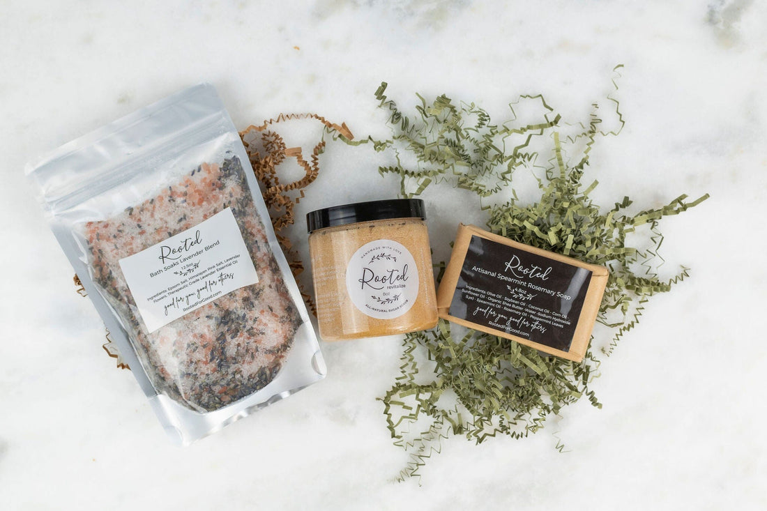 Spa Essentials Gift Set Gift Set Rooted For Good Lavender Mint Scrub Lavender Bath Soaks Peppermint Soap