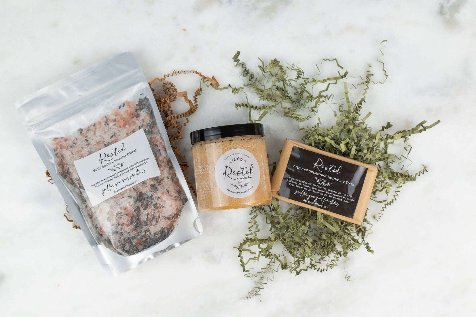 Spa Essentials Gift Set Gift Set Rooted For Good Lavender Mint Scrub Lavender Bath Soaks Peppermint Soap