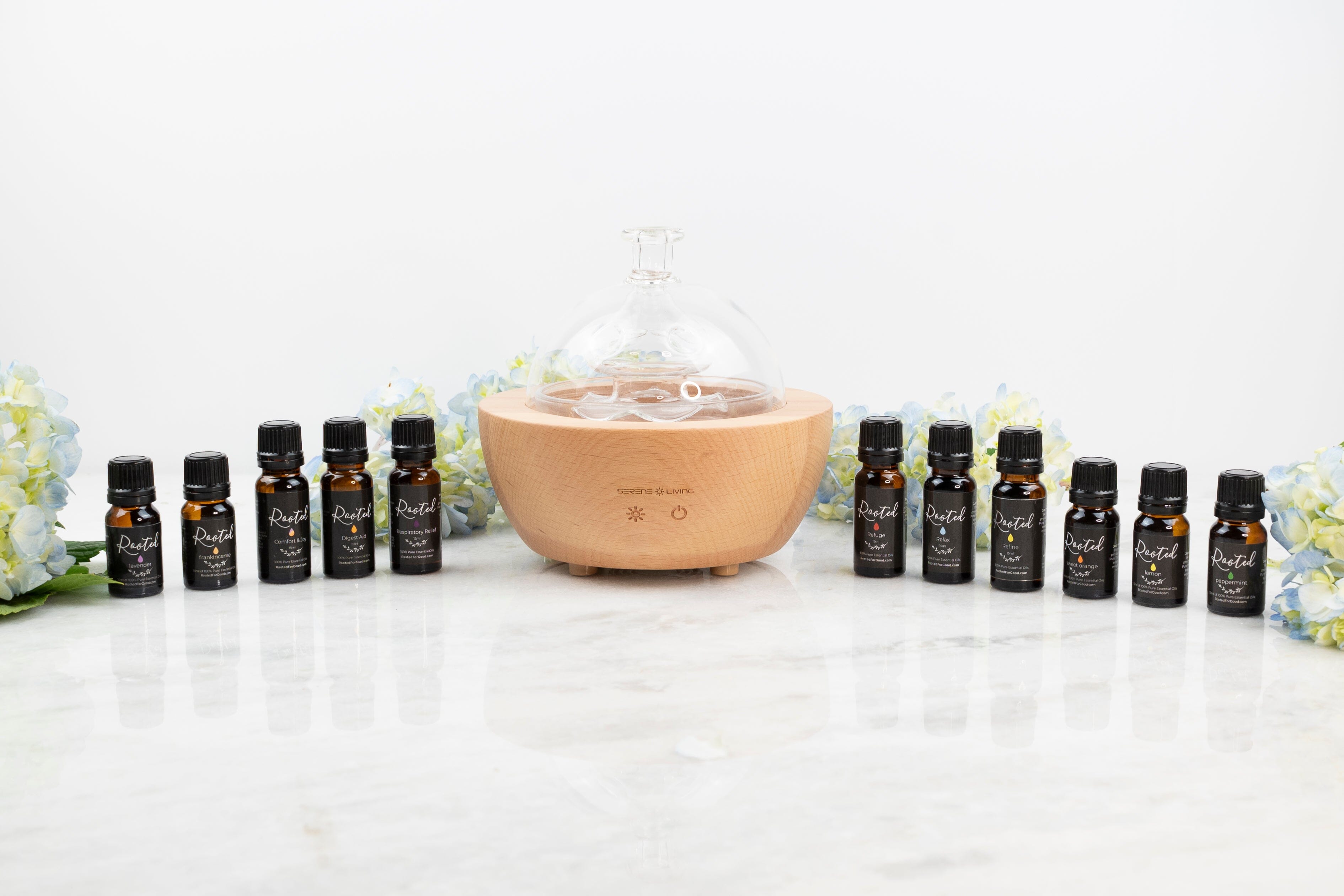 M&amp;H Premium EO Kit + Glass Diffuser Essential Oils Bundle Rooted For Good 