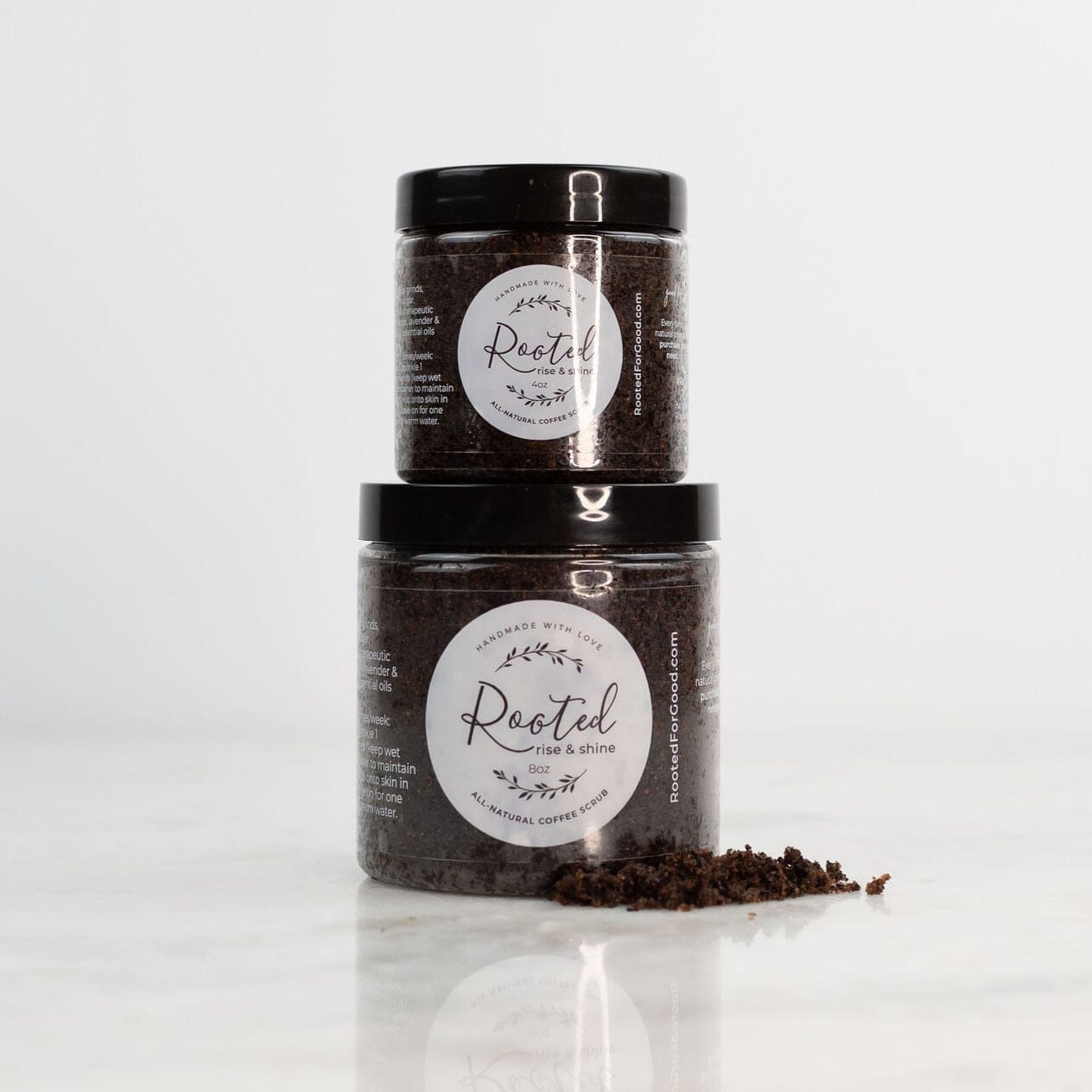 Rise &amp; Shine Face &amp; Lip Coffee Scrub jar by Rooted For Good, all-natural exfoliator