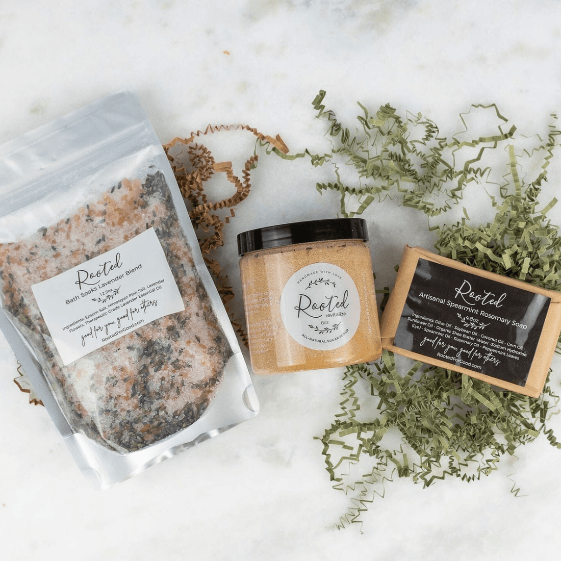 Spa Essentials Gift Set Gift Set Rooted For Good Relief Blend - minty &amp; soothing - perfect for sore muscles &amp; achy joints. Peppermint Leaf Lavender Mint