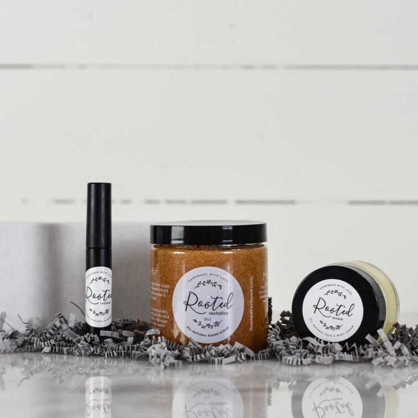 3 Piece Gift Set Gift Set Rooted For Good Renew Cream Rosemary Mint Scrub Restore Serum 