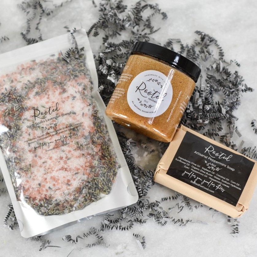 Soak, Scrub & Soap Gift Set Gift Set Rooted For Good Lavender Mint Scrub Lavender Bath Soaks Peppermint Soap 